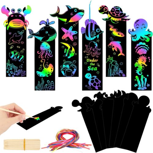 96Pcs Ocean Crafts, Magic Rainbow Scratch Art Ocean Animals Bookmarks Under The Sea Party Favors Games School Classroom Activities Summer Arts and Crafts