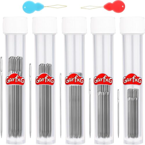 75 PCS Large Eye Sewing Needles, 5 Sizes Sewing Sharp Needles, Leather Needle Embroidery Thread Needle, Stainless Steel Yarn Knitting Needles with Threaders for Hand Sewing Art Crafts