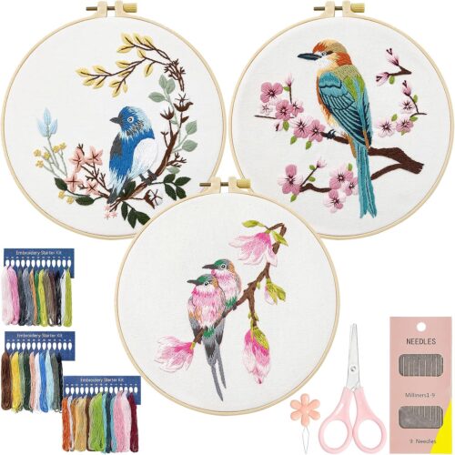 3 Sets Embroidery kit for Beginners Adults Embroidery Starter Kit with Hummingbird Flower Pattern and Instructions Stamped Cross Stitch Kits DIY Embroidery Kit for Adults Kids