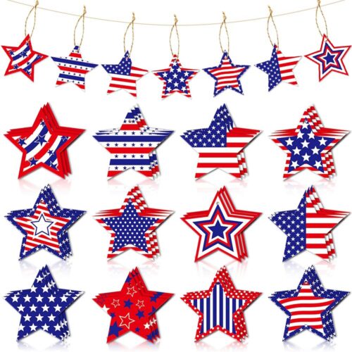 24 Pcs Independence Day Hanging Ornaments Red White Blue Star Ornament with Ropes USA Flag Hanging Decoration Star Shaped Crafts Pendant for 4th of July American Holiday Party Supplies