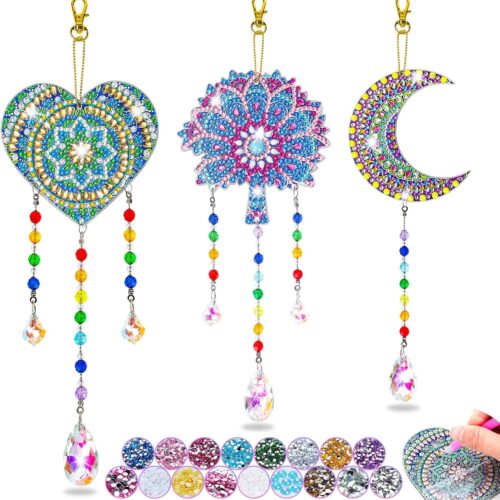 Gift for 6-7-8-9-10 Yeal Old Girls Boys: Arts and Crafts for Kids Age 6-8-10-12 Diamond Art Wind Chimes Kit for Girl Toys Age 5-11 Present Sun Catcher DIY Paint by Numbers for Adult Gem Painting Kit