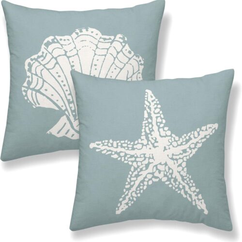 Coastal Pillow Covers 18x18 Inch 2 Pcs Seafoam Blue Starfish Decor Throw Pillows Seashell Nautical Beach Ocean Summer Outdoor Holiday Decoration Pillowcase Linen Cushion Cover for Couch Sofa