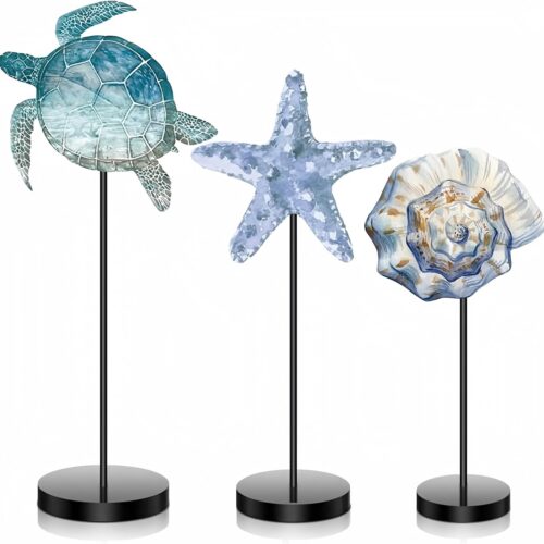 3 Pcs Summer Ocean Tabletop Decor Standing Sea Turtle Lemon Ladybug Easter Bunny Block Wooden Table Centerpiece Sign Coastal Beach Nautical Table Decor for Home Kitchen(Ocean)