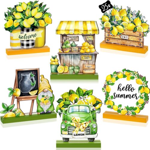 6 Pcs Summer Lemon Table Decor Lemon Signs Wooden Tabletop Centerpiece Decorations Rustic Summer Tiered Tray Decor for Home Party Office Kitchen Shelf Display