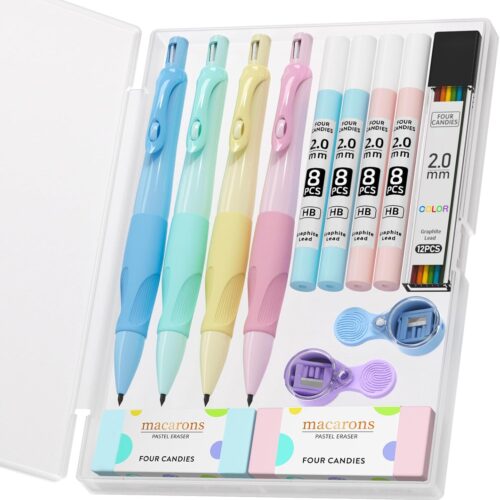 2.0MM Mechanical Pencil with Comfort Ergonomic Grip, 4PCS Cute Mechanical Pencils with 44PCS Lead Refills, 2PCS Sharpeners/Erasers, Aesthetic School Supplies for Kids Writing Drawing