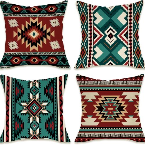 Southwest Native American Indian Decorative Throw Pillow Covers 18 x 18 Set of 4, Boho Vintage Aztec Navajo Tribal Porch Outdoor Pillowcase, Western Geometric Couch Cushion Case Home Decor