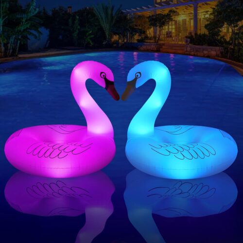 Solar Powered Inflatable Swan Pool Floats with Lights, LED RGB Color Changing Light Up Pool Floats Adult, 42'' Large Swan Pool Floaties, Lake Floats Summer Pool Raft Lounge for Adults - 2 PCS