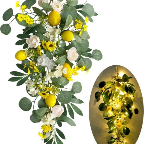 Lemon Door Swag with Lights 27.6" Summer Wreaths for Front Door Artificial Fruit Swags and Wreaths, Spring Summer Flower Lemon Teardrop Swags Garland for Wedding Home Party Stairway Wall Decoration