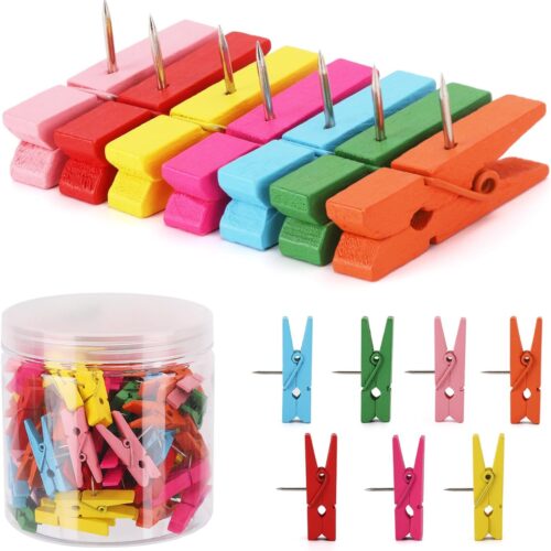 100 Pcs Push Pin with Wooden Clips Colorful Push Pin Clips,Decorative Push Pins for Cork Board Artwork