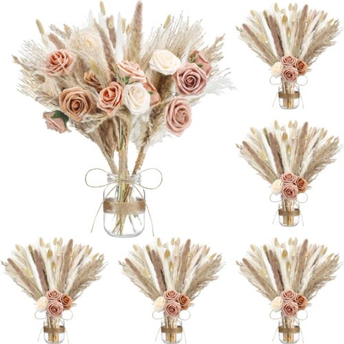 6 Sets 142 Pcs Dried Pampas Grass Table Baptism Centerpieces Boho Pampas Grass Artificial Flower Clear Glass Jars Vase with Rope for DIY Wedding Baby Shower Party Rustic Farmhouse Home Decor