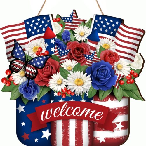 4th of July Door Sign Independence Day Wreath Patriotic Door Decoration Flower US Wooden Sign for Memorial Day Front for Door Decor 12 Inch Outdoor