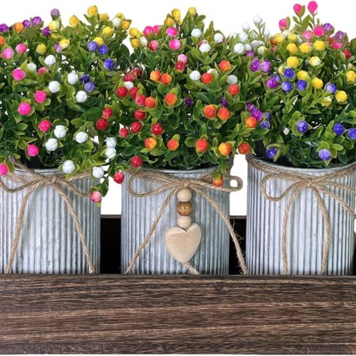 Table Centerpiece Decoration Artificial Flower Set with 3 Fake Milan Bouquet and Wood Tray for Desk Home Bathroom Office Décor