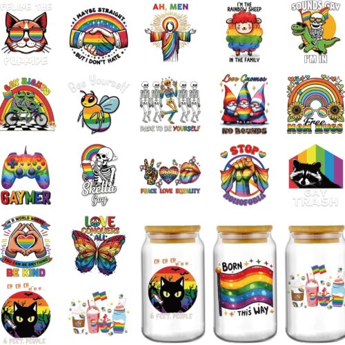 LGBT Pride UV DTF Stickers - 20 Sheets Gay Pride Rainbow Uvdtf Cup Wraps for 16 oz Glass Water Bottle, LGBTQ Equality Parades Funny Cat Butterfly Transfer Sticker Decals Mug Decor Gift for Lesbian