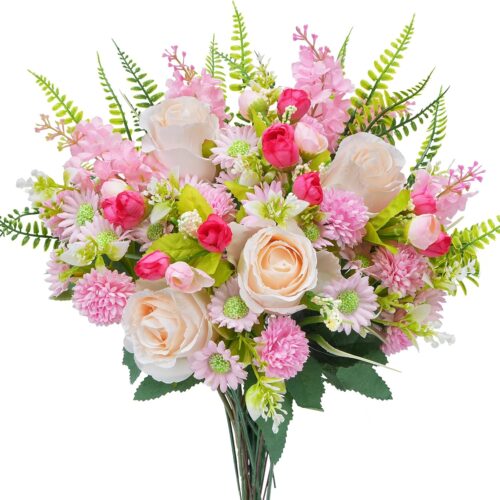 Artificial Flowers Fake Roses Flower Bouquet 13Pcs Silk Flowers with Gerbera Daisy Spring Florals Arrangements for Spring Table Centerpiece Home Wedding Farmhouse Decor（14.96"，Pink）