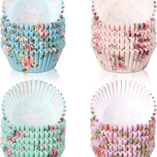600 Count Floral Cupcake Liners Tea Party Baking Paper Easter Flower Muffin Cupcake Liners Wrappers for Tea Party Wedding Birthday Baby Shower Decorations, 4 Styles