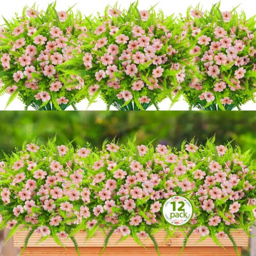 Artificial Flowers Outdoor UV Resistant 12 Bundles Faux Plants Outdoor Spring Fake Flowers Eucalyptus Plastic Flower Bulk for Garden Hanging Planter Home Vase Decor, Pink