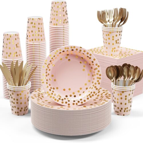 Pink and Gold Party Supplies - 350 PCS Disposable Dinnerware Set - Pink Paper Plates Napkins Cups, Gold Plastic Forks Knives Spoon for Graduation, Birthday, Cocktail Party