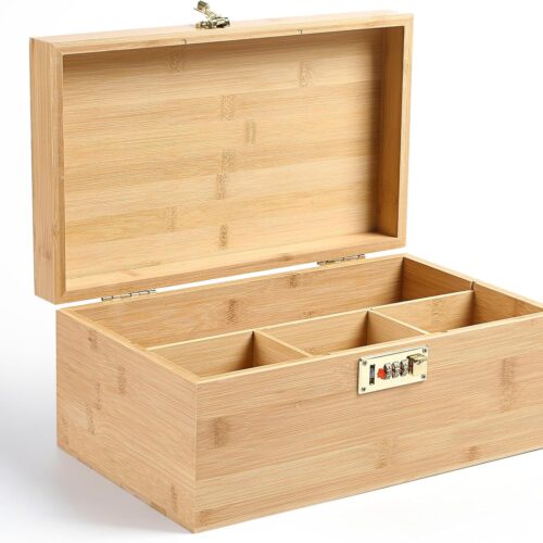 Bamboo Storage Box, 13.8" x 8" x 6" Extra Large Wooden Storage Organizer with Combination Lock, Versatile Storage Containers with Adjustable Compartments for Home Office Jewelry Keepsakes