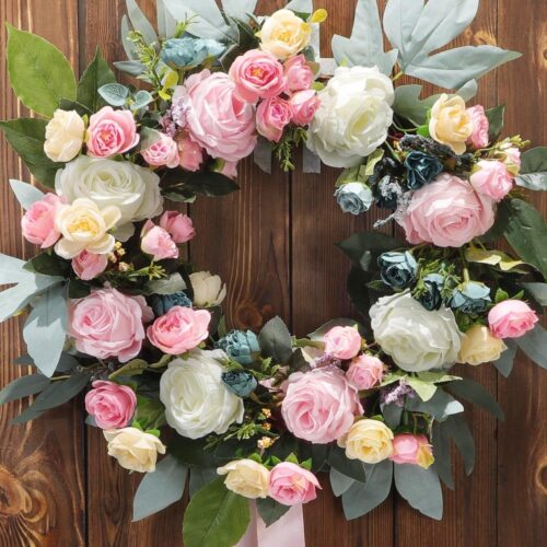 [Lights & Timer] Pink Floral Spring Summer Wreaths for Front Door & 60 Silk Flowers Rose Wreath Roses Camellias Ribbon for All Season Wedding Party Mothers Day Farmhouse Wall Window Home Decor 20 Inch