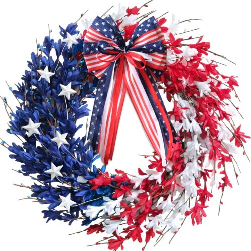 20inch Red White Blue Artificial Forsythia Flower Wreath American Flag Floral Wreaths Patriotic Decorations Wreath 4th of July Independence Day Memorial Day Flag Day Hanging Decoration