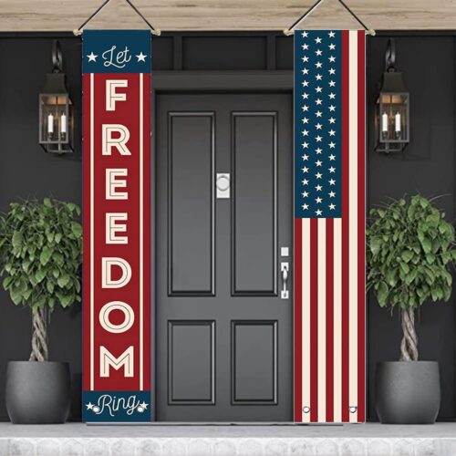 4th of July Decorations Outdoor Patriotic Memorial Day Decor, Independence Veterans Labor Day Hanging American Flag and Banner Wreath, Stars and Stripes Porch Sign Party Supplies - Red White Blue 2025