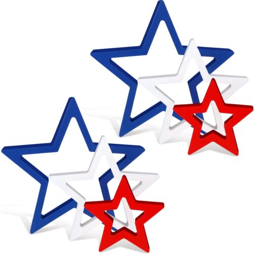 6 Pieces 4th of July Wooden Star Signs Patriotic Decoration Memorial Day Table Decor for Home Independence Day Tiered Tray Shelf Decor (White,Blue and Red)