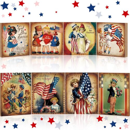 8 Pcs Vintage 4th of July Decorations Retro Patriotic Wooden Sign Independence Day Table Centerpiece Memorial Day Tiered Tray Decor Block Sign for Home Tabletop Decoration Supplies, 8 Styles