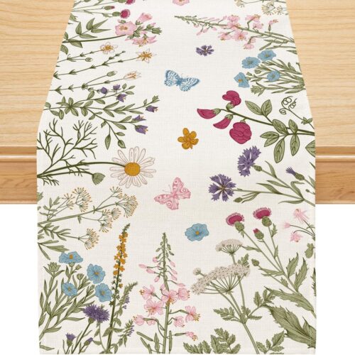 Spring Table Runner, Wildflowers Summer Decor Floral Butterfly Seasonal Kitchen Dining Table Decoration for Home 13x72 Inch