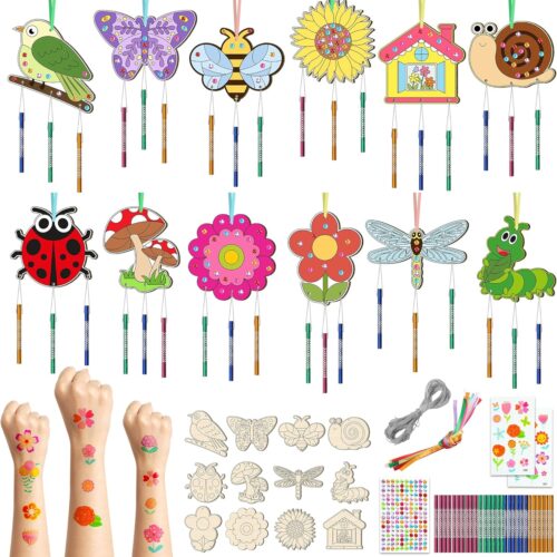 12 Pack Wind Chime Kit for Kids Make Your Own Wind Chime DIY Wood Arts and Crafts Decorative Coloring Wooden Hanging Ornaments for Girls Boys Home School Activity Party Supplies(Spring Flower Animal)