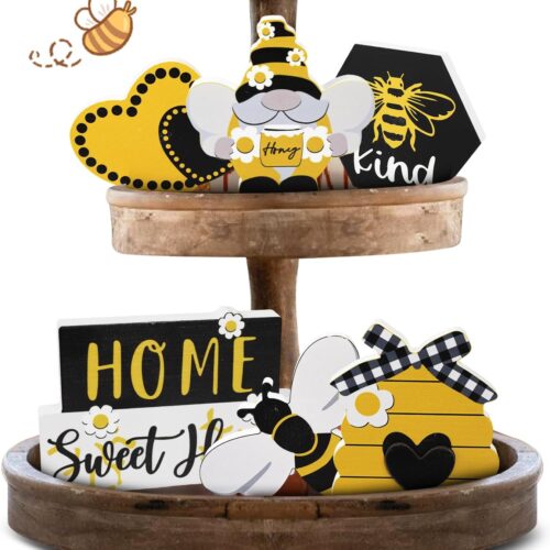 Summer Bee Tiered Tray Decor Set Honey Bee Decor Wooden Signs Farmhouse Sunflower Bee Mini Wood Tabletop Decorations for Home Kitchen