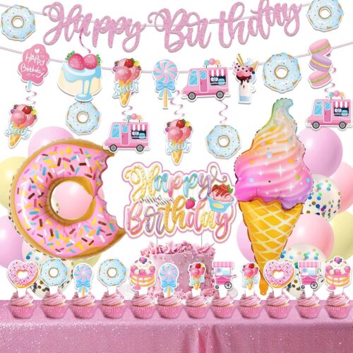Sweets Birthday Party Decorations for Girls- Pastel Ice Cream Party Supplies, Donut Balloons Happy Birthday Banner Cupcake Topper Candy Theme Birthday for Baby Shower Wedding