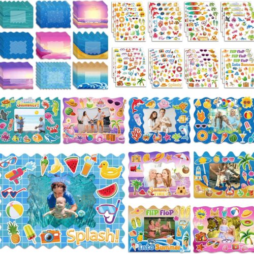 54 Packs Summer Picture Frames Craft Kit DIY Photo Frame Craft with Stickers Summer Cardboard Photo Frame Craft Under The Sea Craft Kits Game Activities Beach Pool Party Favors