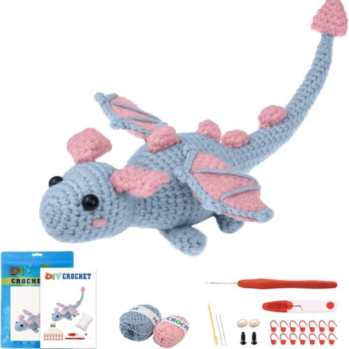 Crochet Kit for Beginners, Learn to Crochet Animals - Step-by-Step Video Tutorials, Easy Crochet Starter Kit Gift for Kids and Adults, Lovely Gray Dragon (40%+ Yarn Content)