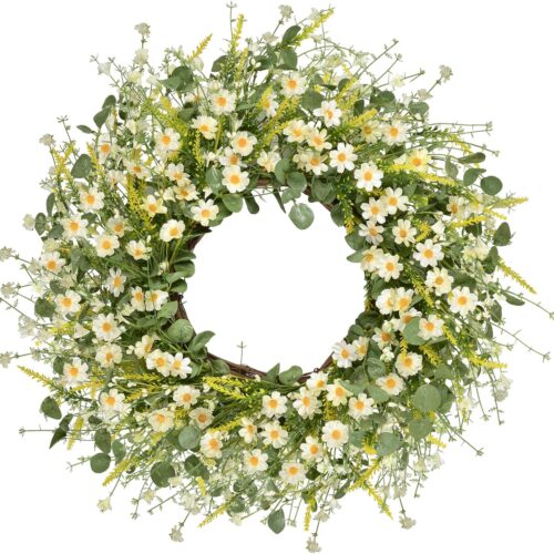 24 Inches Artificial Daisy Flower Wreath with Eucalyptus Leave Silk Flower White Berries Spring Summer Wreath for Front Door Wall Decor