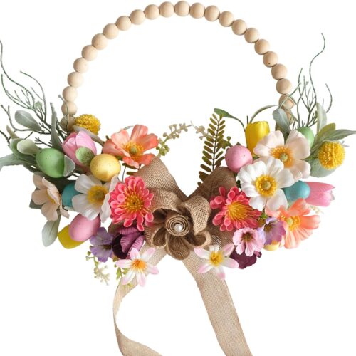 Artificial Easter Wreath 16 Inch Wooden Beads Wreaths for Front Door Spring/Summer Wreath with Colorful Silk Flowers Eggs Flax Bow for Home Indoor Window Wall Farmhouse Outside Decor