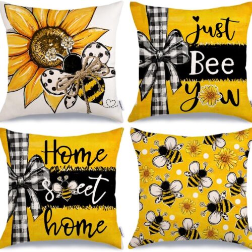 Summer Pillow Covers 18x18 Inch Set of 4, Sunflowers Just Bee You Home Sweet Home Black Yellow Farmhouse Decorative Throw Pillowcases for Sofa G707-18