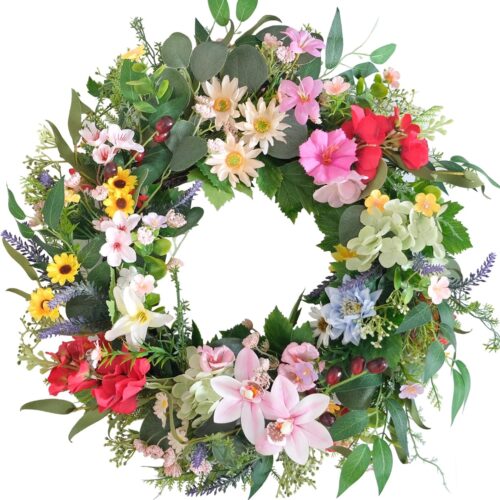 24 Inch Everyday Flowers Wreath for Front Door, Spring Summer Floral Wreath with Daisy Hydrangea Morning Glory Lily for Indoor Outdoor, Wild Flowers for Home Decor