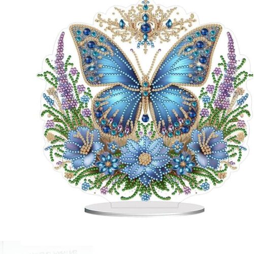 Diamond Painting Kits Tabletop Ornaments, Special Shaped Crystal DIY Blue Floral Butterfly Diamond Art Desktop Kit, Stand Up 5D Gem Painting Crafts for Home Office Table Top Decor