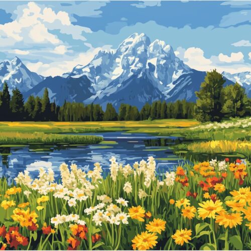 Grand Teton Paint by Number, Grand Teton National Park Paint by Numbers Kit for Adults, Mountains Landscape Canvas Wall Art, Lake Tree Wildflowers Acrylic Painting Home Decor(16x20inch, Unframed)