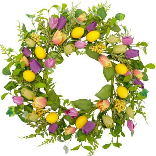 20 Inch Spring Wreath for Front Door Summer Wreath Yellow Lemon Tulip Green Leaves Home Decorations Inside Outside Wedding Wall Window
