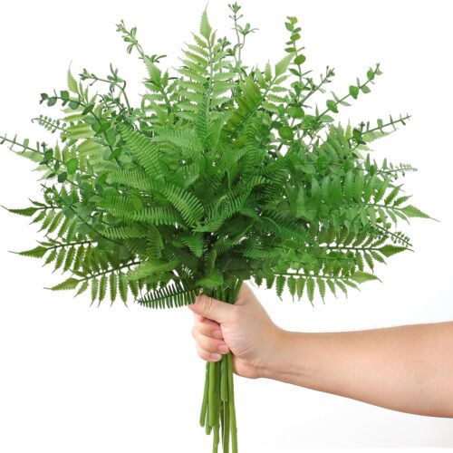 Mixed Eucalyptus Leaves Stems 12PCS, Artificial Plants Boston Fern Fake Branches Faux Shrub Bushes Greenery UV Resistant Plant for Vase Wedding Floral Outdoor Indoor Decor