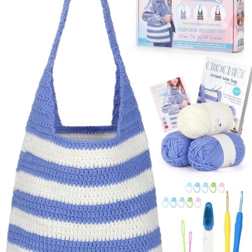 Crochet Kit for Beginners - Striped Tote Bag Set Includes Yarn, Hooks, Step-by-Step Guide, Needles & Accessories - Adults & Kids Crochet Starter Gift