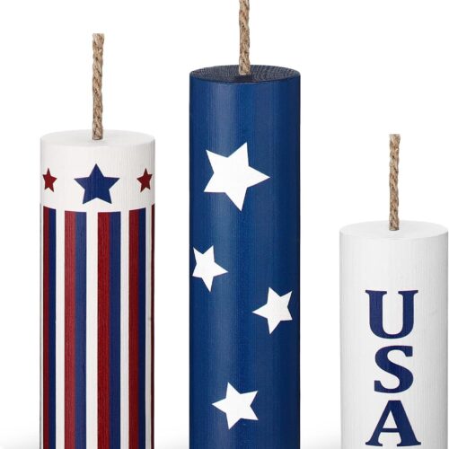 3 Pcs 4th of July Table Decor Patriotic Tiered Tray Memorial Day Freestanding Glitter Red White Blue Star Signs Wooden Firework Centerpiece American Flag Decorations for Home(Cylindrical)