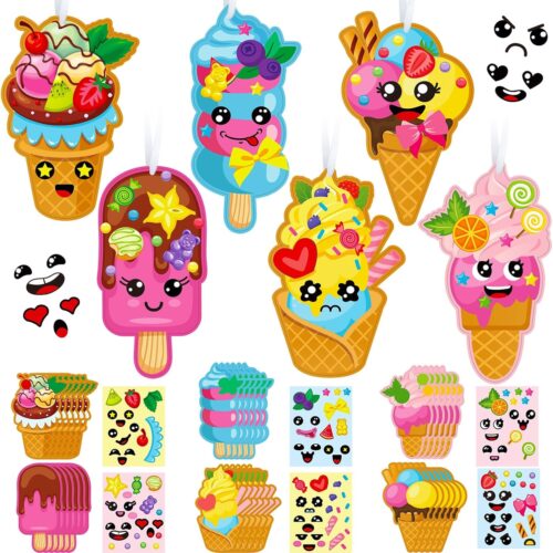 24 Packs Ice Cream Craft Kits for Kids Summer DIY Sweets Sticker Art Craft Set Make Your Own Ice Cream Craft DIY Summer Dessert Ornament Kit for Kids Summer Party Classroom Favors Activities