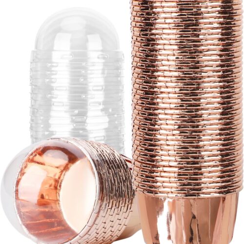 Cupcake Liners for Baking, 3.5oz 50pcs Disposable Champagne Mini Foil Cupcake Muffin Liners, Baking Cups with Dome Lids, Dessert Pan Containers Holders for Wedding Birthday Christmas Party