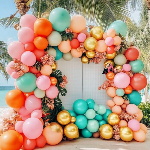 Pastel Balloon Arch Garland Kit Double Stuffed Pink Orange Teal Blue Green Balloons Light Baby Pink Peach Gold Colorflul Balloon for Tropical Flamingo Hawaiian Birthday Baby Shower Party Decorations