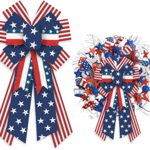 Large Patriotic Bows for Wreath, Memorial Day Wreath Burlap Bows for Front Door, Red Blue White Stripe Patriotic Star Tree Topper Bow for 4th of July Indoor Outdoor Decoration