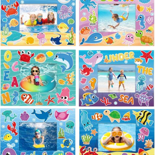 24 Pack Summer Photo Frame Craft Kit Under The Sea Picture Frame Craft Ocean Animals Stickers for Kids School Classroom Aloha Beach Pool Theme Party Gifts Game Supplies(Sea Animals)