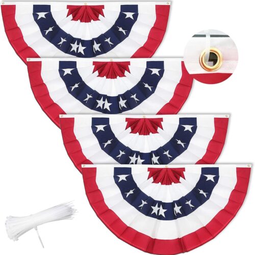3x6 Ft American Bunting Flags with Grommets&Zip Ties, 4th Fourth of July Decorations Outdoor USA Patriotic Pleated Fan Banner, Red White and Blue Decor for Memorial Veterans Day(Set of 4)
