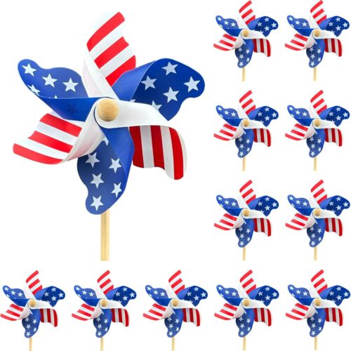 12 Pack Patriotic Pinwheels, American Flag Pinwheels, Wind Spinners for Yard for 4th of July Decor, Memorial Day Decor, Patriotic Outdoor Decor